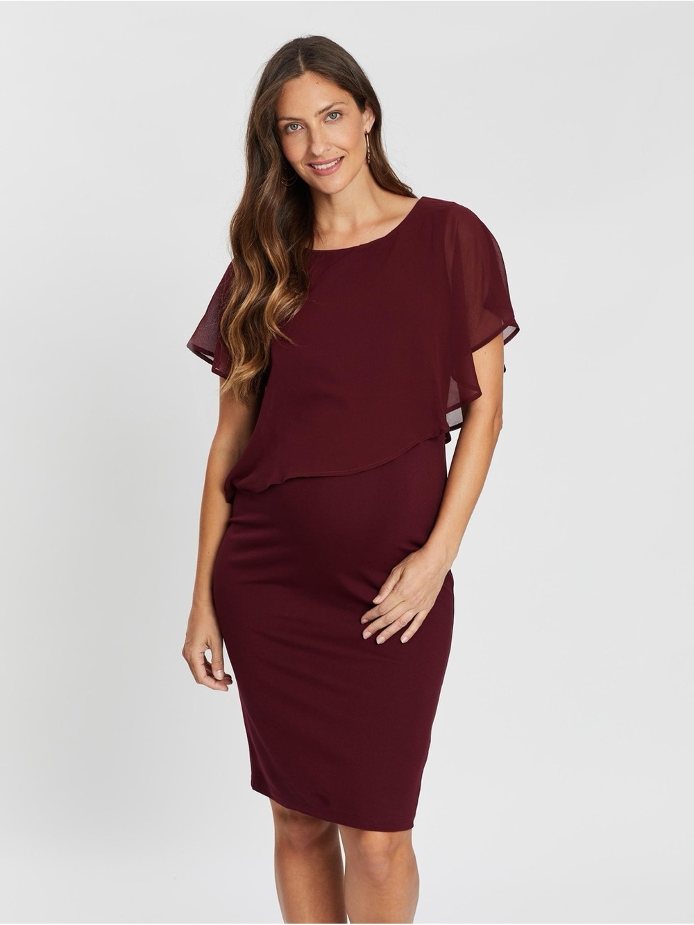 Seraphine Maternity Burgundy Midi Dress with Chiffon Overlay Size 6